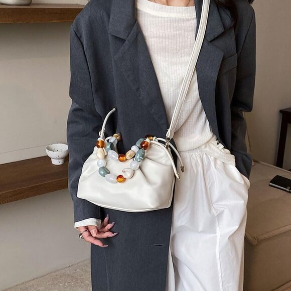 Women Top Handle Beaded Handbag Vegan Leather Compact Crossbody